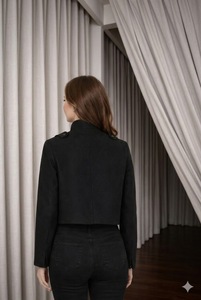 Chemise-veste unisexe pour adultes en laine noire à double boutonnage, col montant, couleur unie, tenue formelle, saison automne, manches régulières, coupe ajustée - Product Image 2