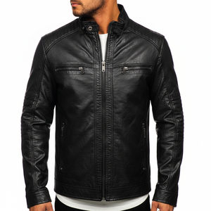 Blouson de motard unisexe en cuir noir personnalisé, col mandarin, épaulettes rembourrées, style streetwear, coupe ajustée, écologique, hiver, fermeture frontale - Product Image 6