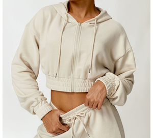 New Arrival Women's Long Sleeve Hoodie French Terry Full <b>Zip</b> <b>up</b> <b>Crop</b> Top Hoodie With Drawstring - Product Image 4