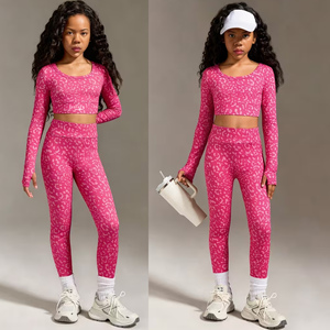 <b>Girls</b> Leopard Print Yoga Wear Set High Elastic Spandex Crop Top & <b>Biker</b> Shorts Sportswear Kit - Product Image 4