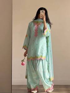 Ensemble de robe traditionnelle indienne et pakistanaise pour femmes, imprimé cœur bleu clair, coupe ample, vêtements décontractés, en coton, style printemps - Product Image 4