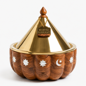 Marvel Handicraft Premium Wooden Insulated Casserole with Gold Stainless Steel Tagine Lid Luxury Hot <b>Food</b> <b>Server</b> Gift Bowl - Product Image 1