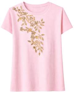 T-shirt en coton rose personnalisé pour femme avec broderie florale dorée, manches courtes, col rond, haut décontracté pour femme, design personnalisé - Product Image 4