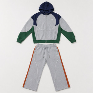 Sudadera con capucha de forro polar grueso con diseño de paneles y bloques de color, cremallera completa y detalles de ribete modernos, estilo OEM de fábrica, para hombre, conjunto de jogger de ropa urbana. - Product Image 2