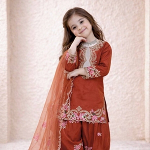 Conjunto Étnico de Salwar, Pantalón y Dupatta para Niñas con Bordado, Material Crepé, para Invierno/Verano, Ropa Festiva para Bodas Infantiles - Product Image 2