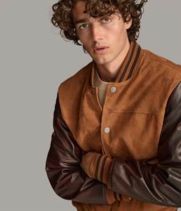 Men's Brown <b>Suede</b> Varsity <b>Jacket</b> With Leather Sleeves Button Closure Casual Wear Street Fashion <b>Jackets</b> - Product Image 6