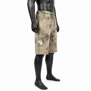 Pantalones cortos de algodón con efecto lavado ácido para hombre, 320 GSM, beige vintage, negro, con parche de logotipo bordado personalizado, estilo streetwear. - Product Image 3