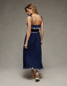 Women's Sweet Sleeveless Embroidered Boho Maxi Dress <b>Navy</b> Blue Folk Cotton Casual Eco-Friendly Washable Breathable Anti-Wrinkle - Product Image 4