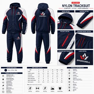 Custom <b>Men</b> Navy Red <b>White</b> Color Block Hooded Tracksuit Full Zip <b>Jacket</b> Drawstring Pants Polyester Regular Fit Autumn Sportswear - Product Image 5