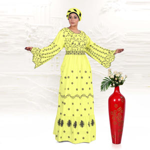 Kaftan modeste en rayonne avec broderie, manches larges évasées, taille structurée, longueur au sol, grande taille - Product Image 1