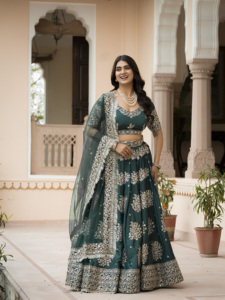 Ensemble de jupe de mariée en crêpe français traditionnel avec voile en filet orné de fils Zari et de sequins, tenue de mariage de créateur pour femme - Product Image 1
