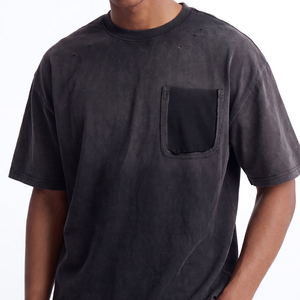 Trendy Custom Oversized Men's Washed Black Cotton Jersey <b>T</b>-<b>Shirt</b> With Contrast <b>Pocket</b> Solid Casual O-Neck Short Sleeve <b>T</b>-<b>Shirt</b> - Product Image 1
