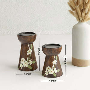 Ensemble de supports à bougies en bois faits à la main, forme conique, imprimé floral, décoration d'intérieur - Product Image 2