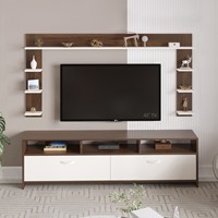 Meuble TV Mannsae Plus pour téléviseurs jusqu'à 65 pouces, meuble de divertissement en bois composite avec étagères, marron érable et blanc (DIY)