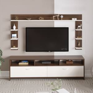 Meuble TV BLUEWUD Mannsae Plus pour téléviseurs jusqu'à 65 pouces, meuble de divertissement en bois composite avec étagères, érable brun et blanc (DIY) - Product Image 5