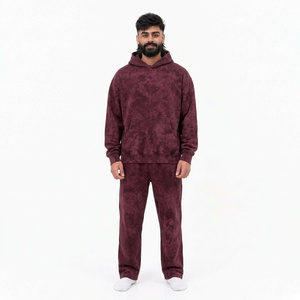 Ensemble de survêtement à capuche pour homme, couleur bordeaux, effet délavé, coupe ample, en coton, vêtements décontractés avec poches latérales, style hiver - Product Image 1