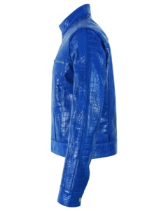 Blue Embossed genuine <b>Leather</b> Moto <b>Jacket</b> Full Sleeve Zipper Closure Stand Collar Autumn Style Regular Fit - Product Image 5