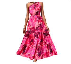 Vestido Maxi Halter con Estampado Floral, Estilo A-Line, de Gasa con Volantes, Holgado, Cintura Natural, Sin Mangas, Transpirable, para Verano - Product Image 4