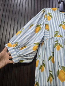 Gray Striped <b>Lemon</b> Print Cotton <b>Dress</b> Three Quarter Sleeve Length Soft Breathable Club <b>Dress</b> - Product Image 3