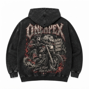 Sudadera con Capucha Negra para Hombre, Estampado de Calavera de Motero, Lavado Ácido, Oversize, Estilo Urbano, ONEAPEX, Venta al por Mayor Personalizada - Product Image 4