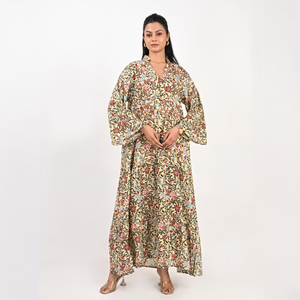 Vestido Largo de Algodón Estampado Bohemio con Mangas Acampanadas, Cuello en V, Ajuste Cómodo, Tela Ligera, para Salidas Casuales, Moda de Verano - Product Image 1