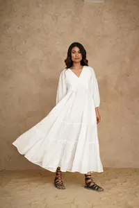 Robe longue d'été élégante pour femmes, coupe ample, col en V, manches longues, style bohème - Product Image 2