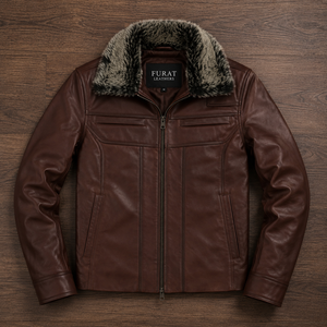 Veste Moto Décontractée d'Hiver pour Homme FURAT en Cuir Véritable Noir Respirant, Col Montant, Fermeture Éclair, Coupe Classique, Couleur Unie - Product Image 1