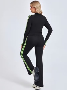 Womens Slim Fit <b>Zip</b> <b>Up</b> <b>Jacket</b> and Flared Pants Tracksuit Set | Two Piece Activewear Suit with Thumbholes & Stripe Print - Product Image 4