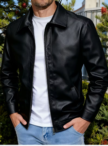 Men's Black Cow Skin <b>Leather</b> Bomber <b>Jacket</b> Stand Collar Zipper Closure Slim Fit Regular Sleeve Solid Color <b>Winter</b> Breathable - Product Image 2