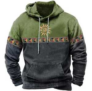 Sweat-shirt à capuche en molleton pour homme, imprimé soleil géométrique, décontracté, pour l'hiver, coupe classique, 100 % coton tricoté respirant, numérique - Product Image 2