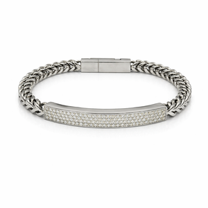 <b>Mens</b> 316L Stainless Steel Pav Bar Cuban Link Bracelet High Polish Silver Tone Diamond Brilliant Cut ID Chain Jewelry Gift - Product Image 1