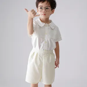 機械刺Embroidery卸売男の子セット2ピース衣装白半袖シャツベージュショートパンツ機会-チャールズセット