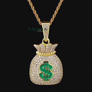 Moissanite <b>Money</b> Bag Pendant With Green Dollar Sign Rhinestone Charms Hiphop Style Unisex Jewelry - Product Image 2