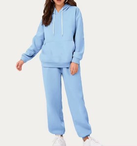 Ensemble de survêtement bleu clair à capuche pour femme, manches longues, couleur unie, coupe ample, décontracté, sweat-shirt et pantalon, tenue d'automne confortable, OEM - Product Image 1