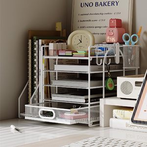 Organizador de Escritorio Ligero de 5 Niveles HUHOLE, Bandeja para Papel y Cartas de Malla Metálica Blanca con Soporte para Archivos, Requiere Ensamblaje Manual - Product Image 2