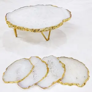 Wit Natuurlijke Agaat Platter Kaas Serveren Board Met Gouden Galvaniseren Rand Voor Huis En Keuken Luxe