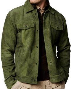<b>Men's</b> Green <b>Suede</b> Leather <b>Jacket</b> Workwear Style Turn-down Collar Single Breasted Regular Fit Autumn Wear - Product Image 5
