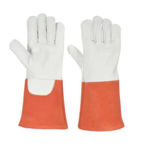 Gants de travail en cuir de vachette de qualité supérieure, blancs avec manchette bleue, résistants à la chaleur, pour soudure TIG, avec logo personnalisé - Product Image 5