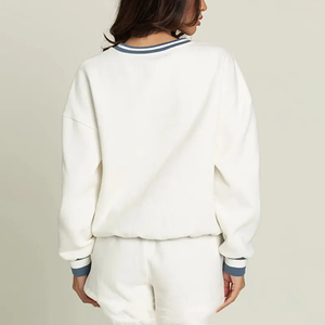 Sweat-shirt polaire surdimensionné pour femme, col rond, 100 % coton, broderie personnalisée sur le devant, manches rayées, collection automne, vente en gros, OEM - Product Image 3