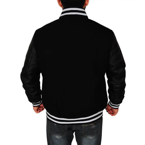 Veste varsity noire pour homme avec broderie de la lettre B blanche, manches en cuir PU, boutons sur le devant, col rabattu, vêtement décontracté pour l'automne - Product Image 2