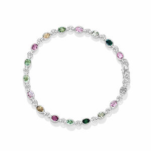 925 Sterling Silver Multi Tourmaline Oval Shape Bezel Set <b>Bracelet</b> 21 Stone Gold & Rhodium Plated - Product Image 4
