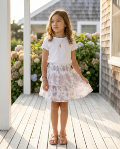 Falda de Algodón Blanca con Estampado Floral para Niñas, Cintura Fruncida, Volantes en Capas, Prenda de Verano para Niñas, Moda Boutique - Product Image 1