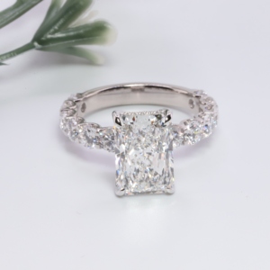 Elegant Solid White Gold Radiant Lab <b>Diamond</b> Solitaire <b>Ring</b> Micro Pave Hidden Halo Shared Prong Accent Shank Custom Fine Jewelry - Product Image 1