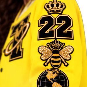 Womens Bright <b>Yellow</b> Varsity <b>Jacket</b> Embroidered Patch Baseball Bomber Coat Long Sleeve Streetwear College Style Casual Outerwear - Product Image 5