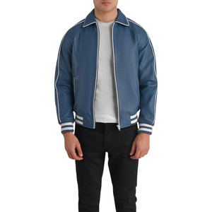 Chaqueta Bomber de Cuero PU Azul para Hombre, Cuello Camisero, Cierre de Cremallera, Estilo Deportivo - Product Image 4