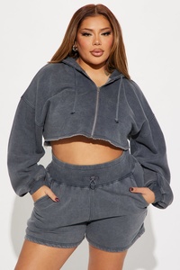 Women's Oversized <b>Cropped</b> <b>Zip</b>-<b>up</b> Hoodie Washed Solid Gray 100% Cotton 450GSM Knitted Sweatshirt Shorts Autumn Wear - Product Image 4