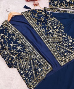 Sari Bordado con Chaqueta, Traje Tradicional de Boda para Mujer, Corte Regular, Estilo India Pakistán 86702 HV 9319 - Product Image 4