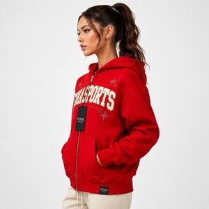FINA SPORTS Sweat à capuche zippé rouge pour femme, en polaire, décontracté, à manches longues, avec strass et imprimé lettres, collection automne - Product Image 4