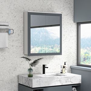 Mobile Bagno Bianco da Parete con Specchio Smart, Organizer Impermeabile a Doppia Anta con Ripiani, Organizzatore a Specchio da Parete - Product Image 2