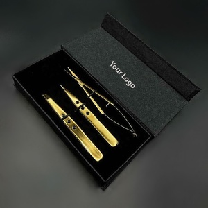 Pince à épiler pour sourcils de qualité supérieure couleur or plasma, ciseaux à ressort et ensemble de 3 pièces avec emballage en boîte noire - Product Image 6